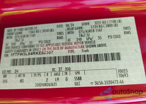 2024 Ford F-150 Xlt из США, поврежденный, VIN 1FTFW3L84RKE82307